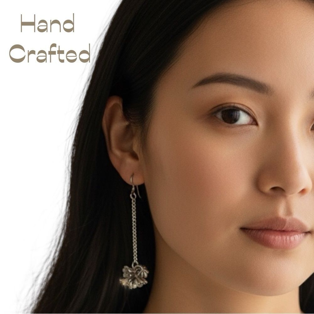 Hand Crafted Silver Flowers With Chain Earrings NWT
